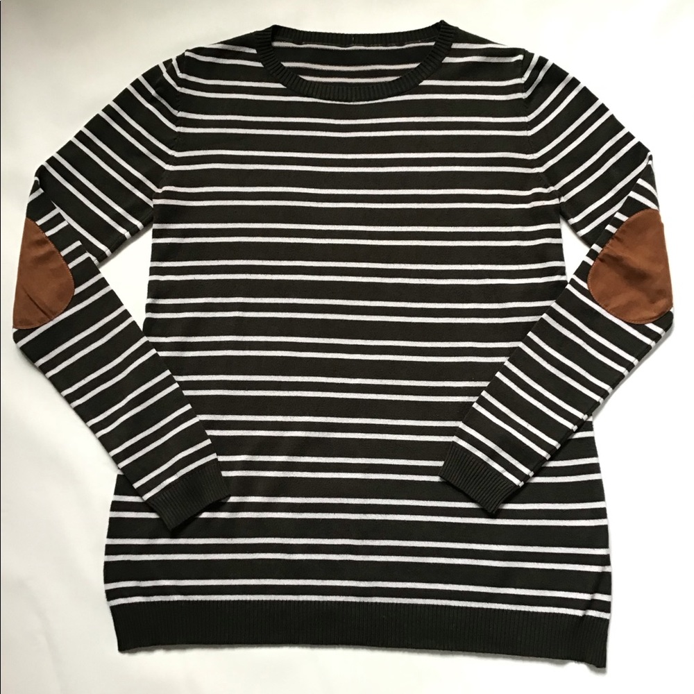 Olive green striped light sweater, Camel Elbow S